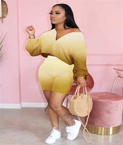Gradient Color Long Sleeve Loose Two Pieces Short Set QY-5181