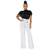 Hollow Out Short Sleeve Stand Collar Shirts Tops NIK-290