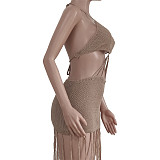Knitted Halter Backless Tassels Hollow Out Beach Dress TR-1166