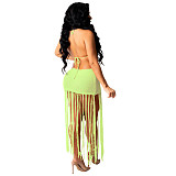 Knitted Halter Backless Tassels Hollow Out Beach Dress TR-1166