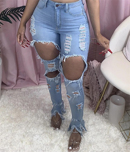 Elastic Cloth White Knee Hole Rippen Split Trouser Leg Jeans OD-8378