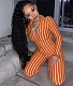 Women V-neck Striped Printed Long Sleeve Bodycon Jumpsuit RS-4403