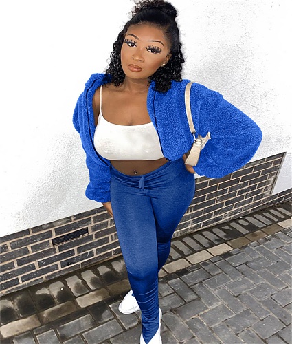 Solid Fleece Long Sleeve Zippered Cropped Jacket Pants Set KDN-1229