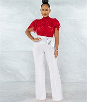 Hollow Out Short Sleeve Stand Collar Shirts Tops NIK-290