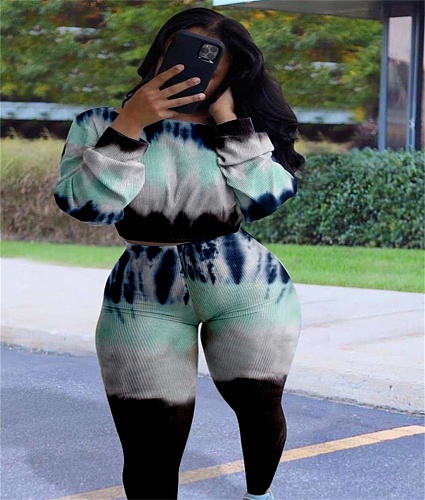 Autumn Tie-dye Long Sleeves Crop Top Skinny Pants Suit RS-7139