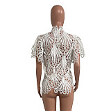 Hollow Out Short Sleeve Stand Collar Shirts Tops NIK-290
