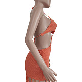 Knitted Halter Backless Tassels Hollow Out Beach Dress TR-1166