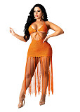 Knitted Halter Backless Tassels Hollow Out Beach Dress TR-1166