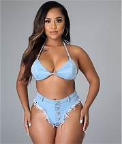 Denim Halter Bra Mini Shorts Swimwear Bikini Suit LA-3282
