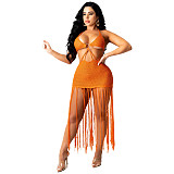 Knitted Halter Backless Tassels Hollow Out Beach Dress TR-1166