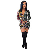Plaid Patchwork Drawstring Full Sleeve Mini Dress XMY-9349