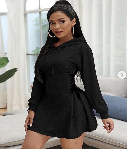 Fall Drawstring Hooded Side Bandage Skater Dress OYF-8226