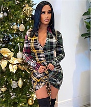 Plaid Patchwork Drawstring Full Sleeve Mini Dress XMY-9349