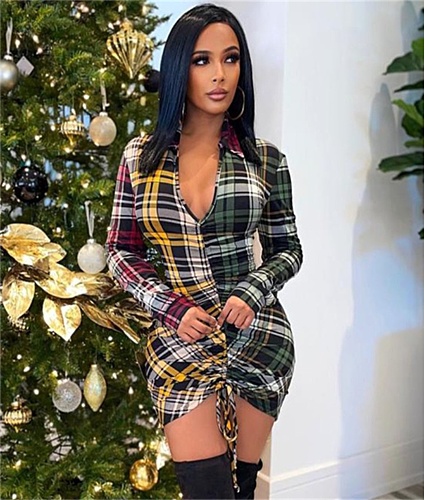 Plaid Patchwork Drawstring Full Sleeve Mini Dress XMY-9349