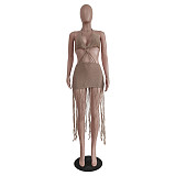 Knitted Halter Backless Tassels Hollow Out Beach Dress TR-1166
