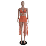 Knitted Halter Backless Tassels Hollow Out Beach Dress TR-1166