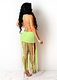 Knitted Halter Backless Tassels Hollow Out Beach Dress TR-1166