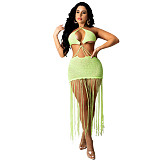 Knitted Halter Backless Tassels Hollow Out Beach Dress TR-1166