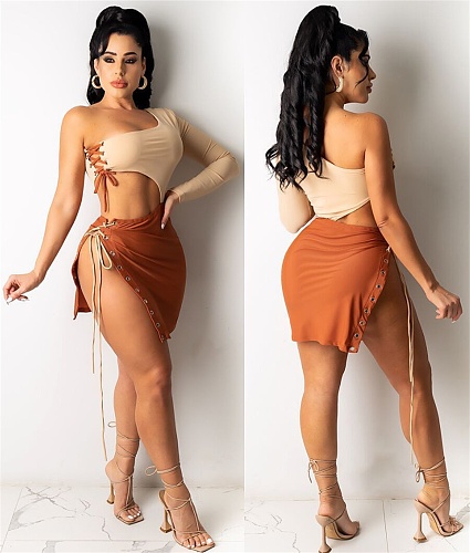 Sexy One Shoulder Eyelet Lace-up Irregular Hollow Out Dress YSF-469