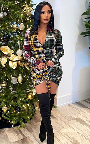 Plaid Patchwork Drawstring Full Sleeve Mini Dress XMY-9349