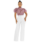 Hollow Out Short Sleeve Stand Collar Shirts Tops NIK-290