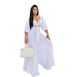Lace Up Half Sleeve Crop Top and Wide Leg Pants Suit CN-0176