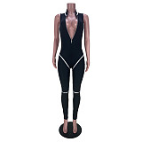 Striped Patchwork Zipper Stand Neck Jumpsuits MDF-5300