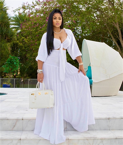 Lace Up Half Sleeve Crop Top and Wide Leg Pants Suit CN-0176