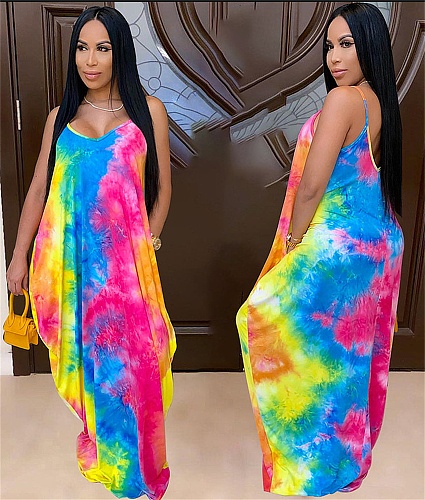 Fashion Tie-dye Print Floor-length Halter Dress GS-1861
