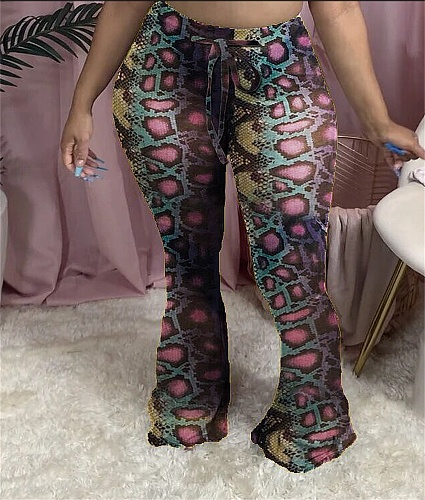 Sexy Multicolor Serpentine Print Tight Flared Trousers MX-1136