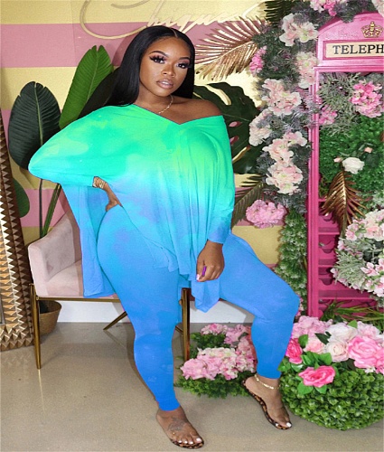Gradient V Neck Long Sleeve Trousers Two-piece Set GS-1853
