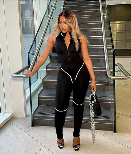 Striped Patchwork Zipper Stand Neck Jumpsuits MDF-5300
