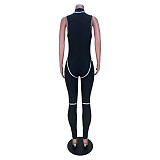 Striped Patchwork Zipper Stand Neck Jumpsuits MDF-5300