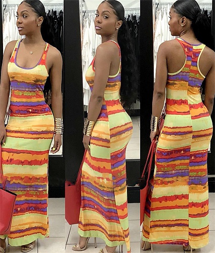 Lovely Colorful Tie-Dye Mosaic Sleeveless Halter Dress FNN-8512