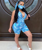 Tie-Dye Printed Sleeveless Buttock Lift Hoodie Romper OY-6180