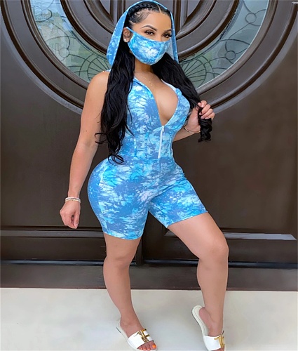 Tie-Dye Printed Sleeveless Buttock Lift Hoodie Romper OY-6180