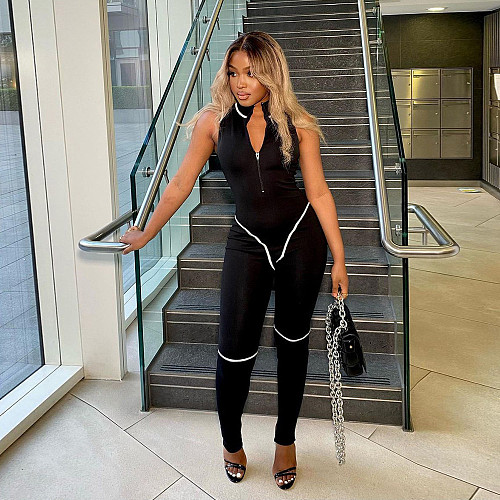 Striped Patchwork Zipper Stand Neck Jumpsuits MDF-5300