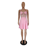 Corset Patchwork Mesh A Line Pleated Dress DY-6930