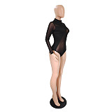 Long Sleeve O Neck Bodycon Black Mesh Bodysuit DY-6929