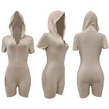 Solid Short Sleeve Button Hooded Skinny Romper AL-279