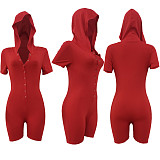 Solid Short Sleeve Button Hooded Skinny Romper AL-279