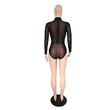 Long Sleeve O Neck Bodycon Black Mesh Bodysuit DY-6929