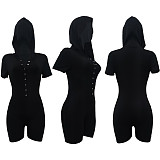 Solid Short Sleeve Button Hooded Skinny Romper AL-279