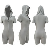 Solid Short Sleeve Button Hooded Skinny Romper AL-279