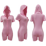 Solid Short Sleeve Button Hooded Skinny Romper AL-279