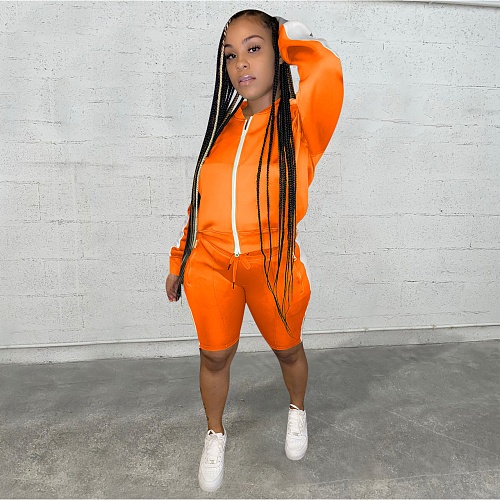 Side Stripe Zipper Jacket+Biker Shorts Suit YD-8260