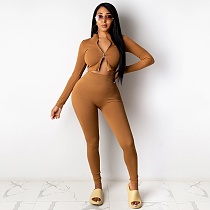 Knitted Zipper Crop Top and Leggings Pants Set BY-3815