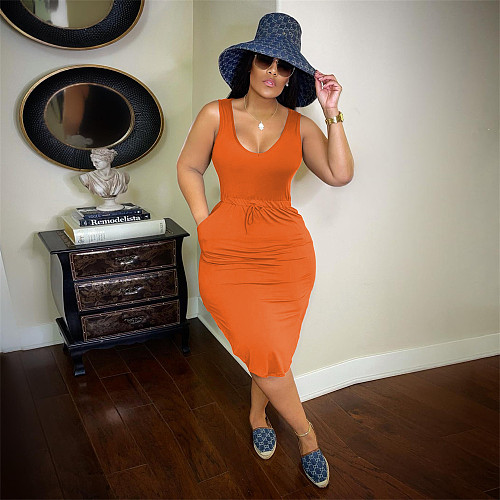 Sleeveless Drawstring Waist Pockets Pencil Dress HGL-1848