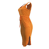 Sleeveless Drawstring Waist Pockets Pencil Dress HGL-1848