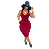 Sleeveless Drawstring Waist Pockets Pencil Dress HGL-1848